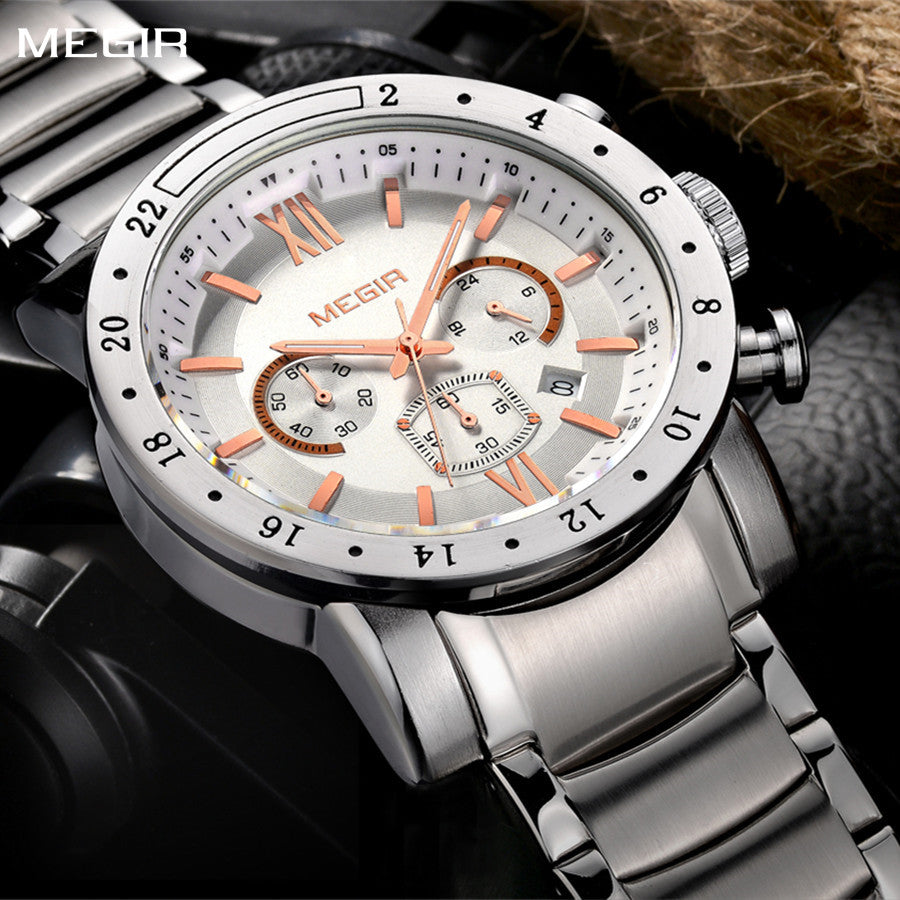 Megir men's chronograph watch with stainless steel band, multiple sub-dials, and a robust zinc alloy case.