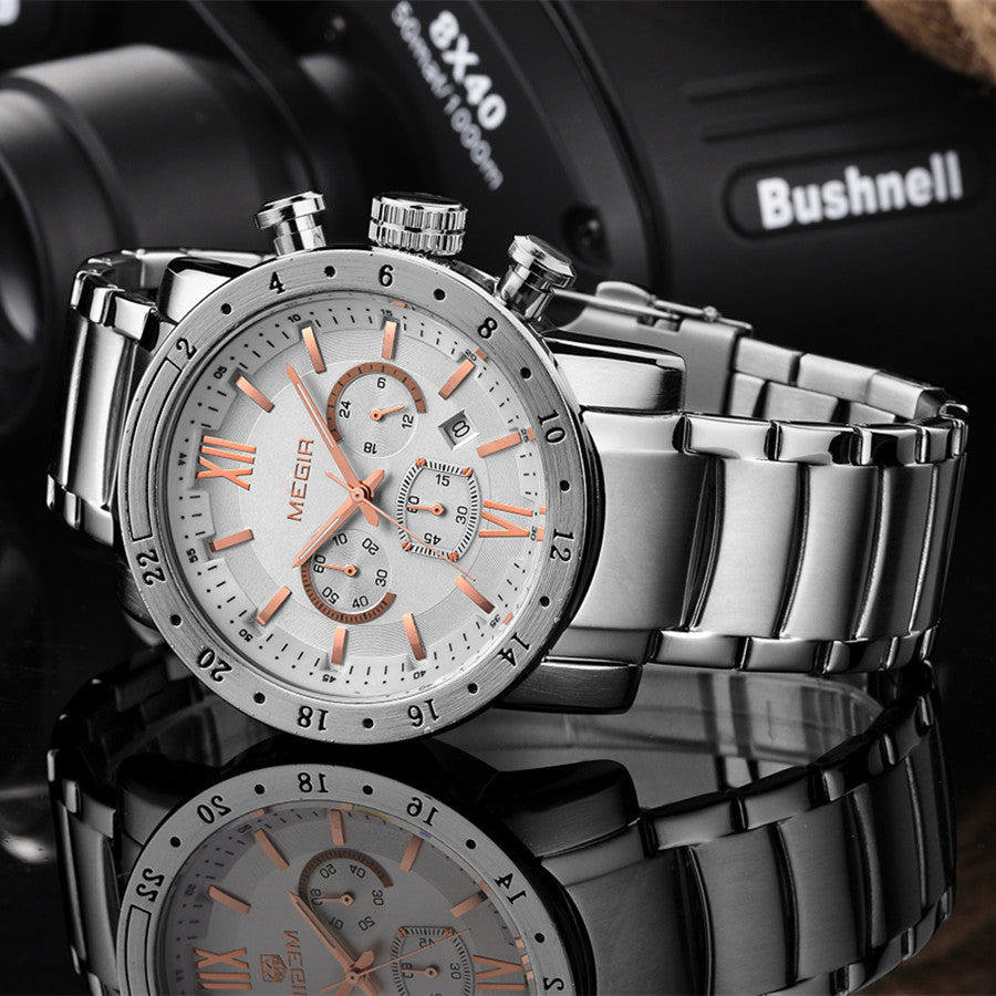 Megir men's chronograph watch with stainless steel band, multiple sub-dials, and a robust zinc alloy case. — view 2