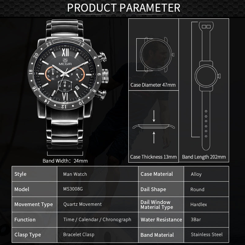 Megir men's chronograph watch with stainless steel band, multiple sub-dials, and a robust zinc alloy case. — view 7