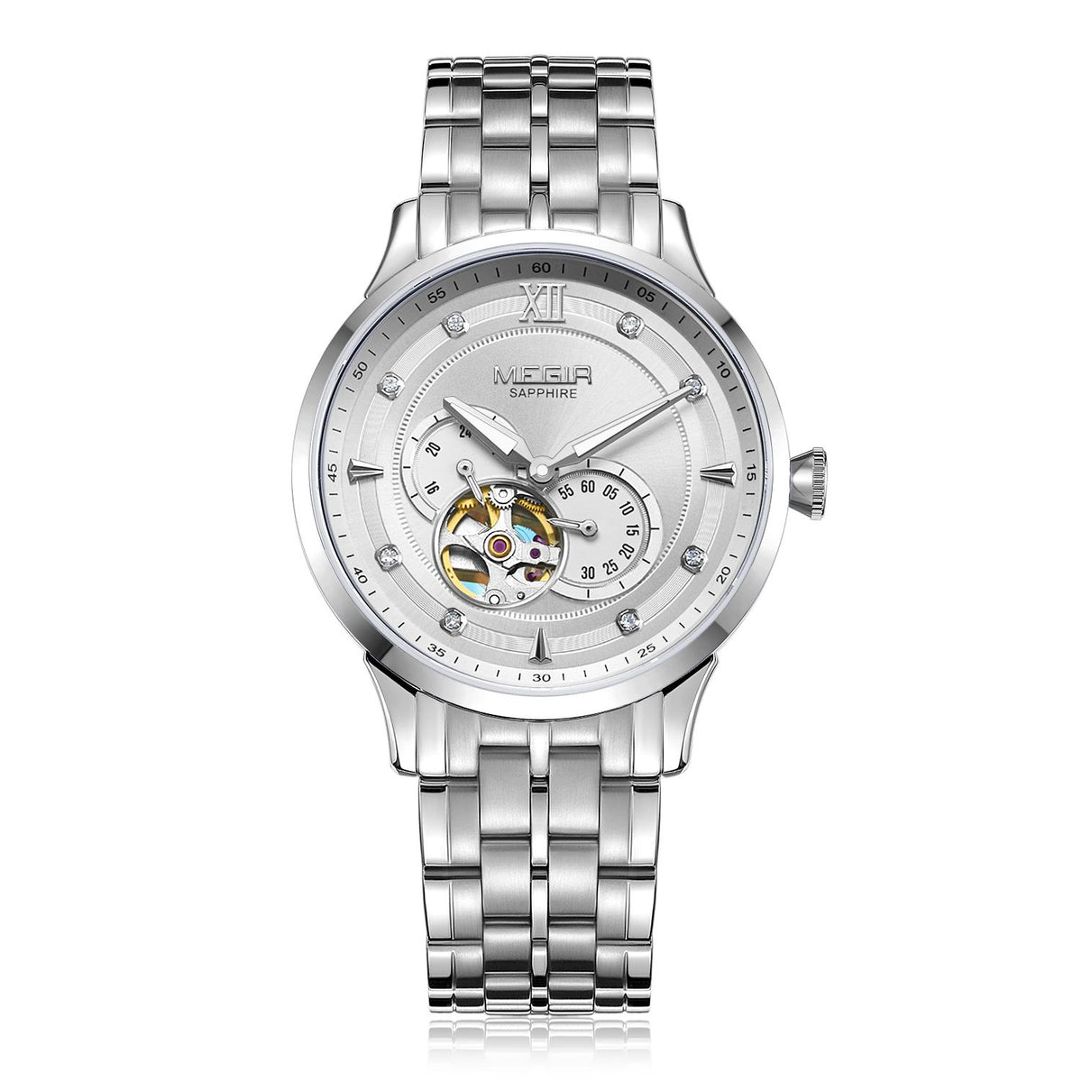 MEGIR Luxury Men Watches Stainless Steel Automatic Mechanical Watch Sapphire Steel Case Business WristWatch Montre Homme 62053-9
