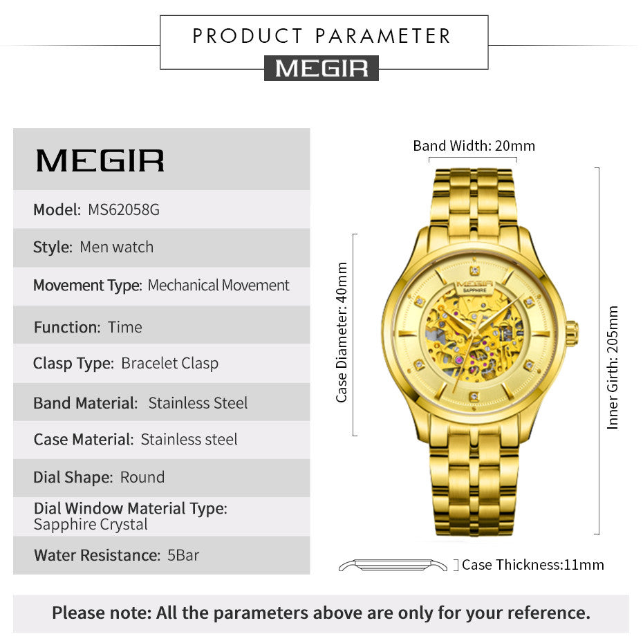 MEGIR Luxury Men Watches Waterproof Automatic Mechanical Watch Stainless Steel Sapphire Gold Business WristWatch Reloj Hombre 62058-6