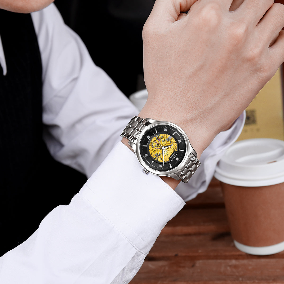 MEGIR Luxury Men Watches Waterproof Automatic Mechanical Watch Stainless Steel Sapphire Gold Business WristWatch Reloj Hombre 62058-3