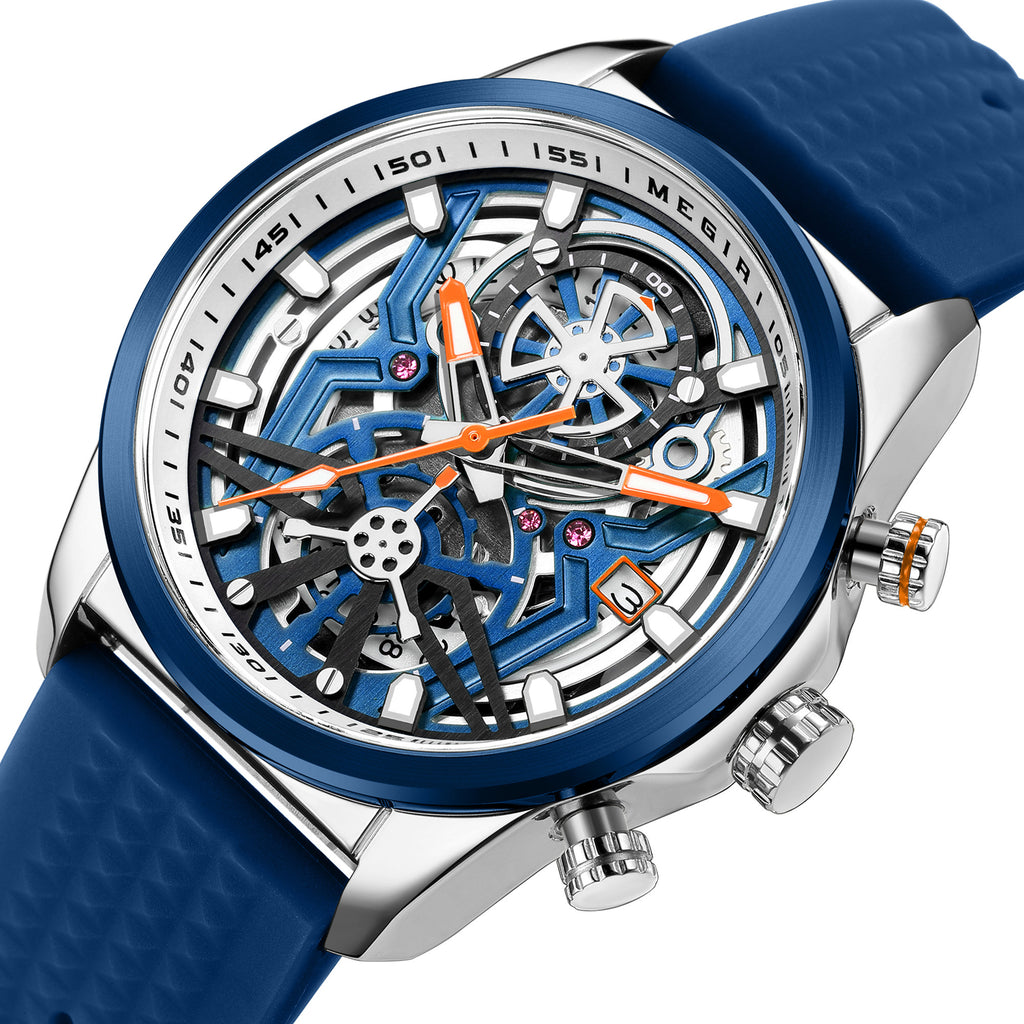 Megir mens chronograph quartz sports watch with a black silicone band and luminous dial — view 9