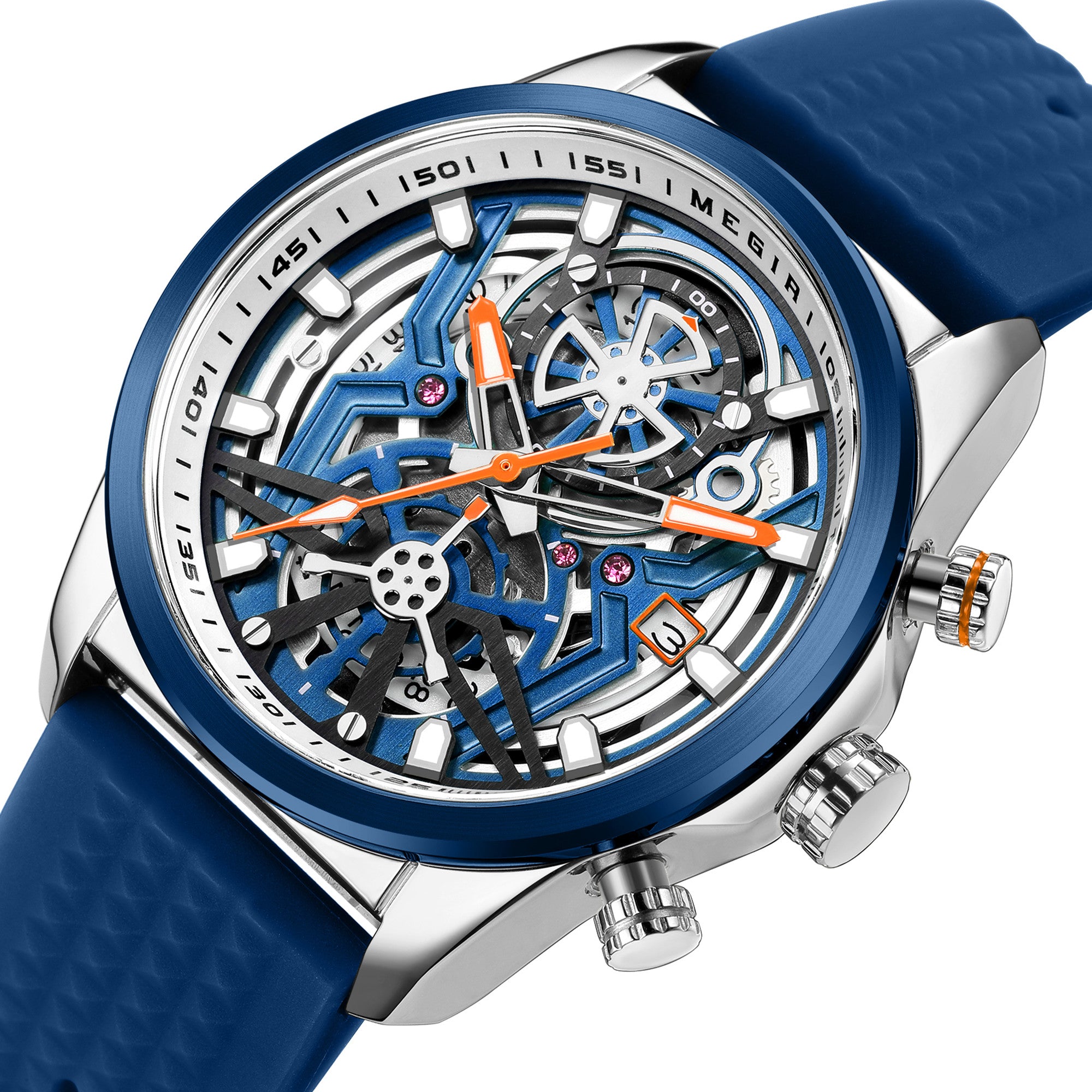 Megir mens chronograph quartz sports watch with a black silicone band and luminous dial — view 9