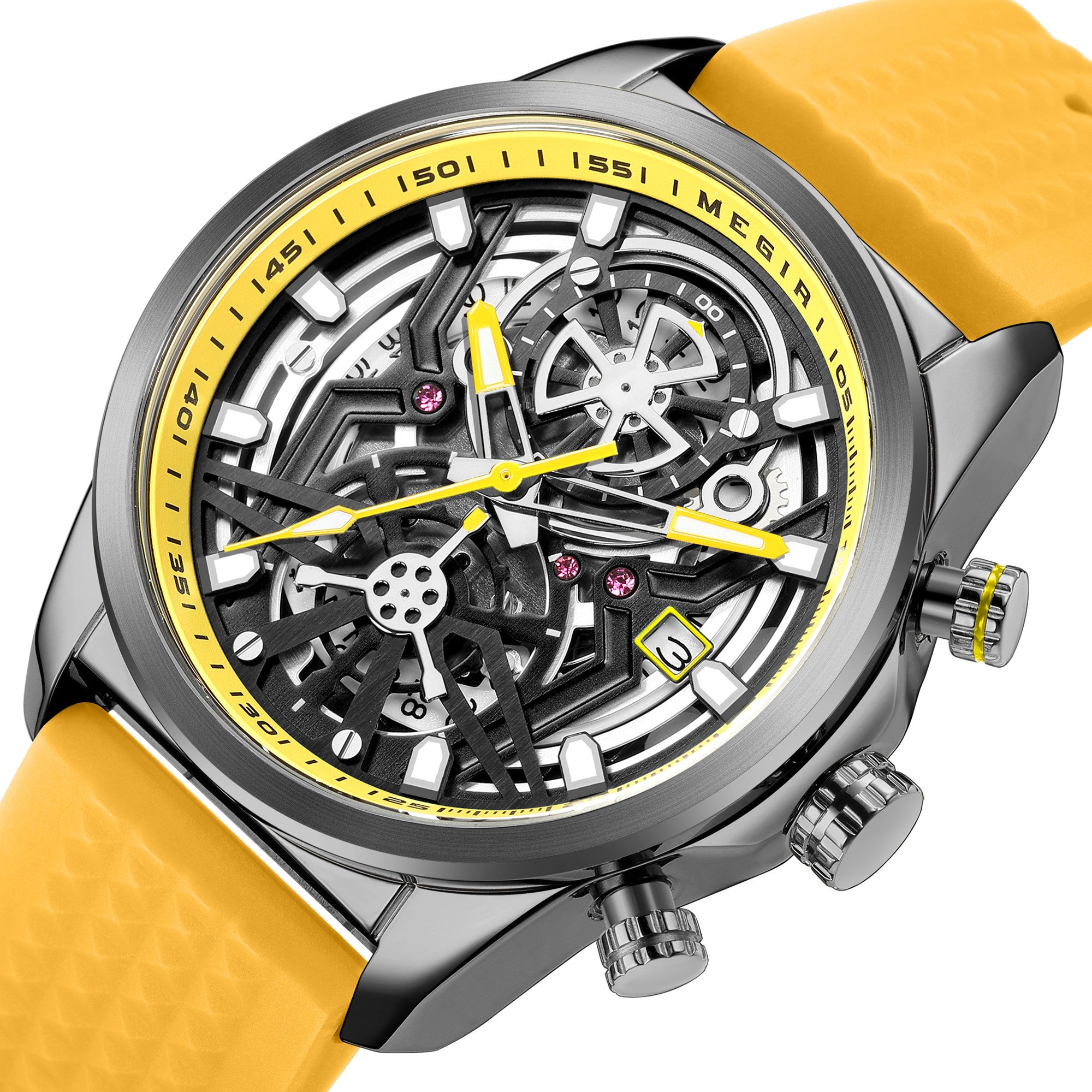 Megir mens chronograph quartz sports watch with a black silicone band and luminous dial — view 10
