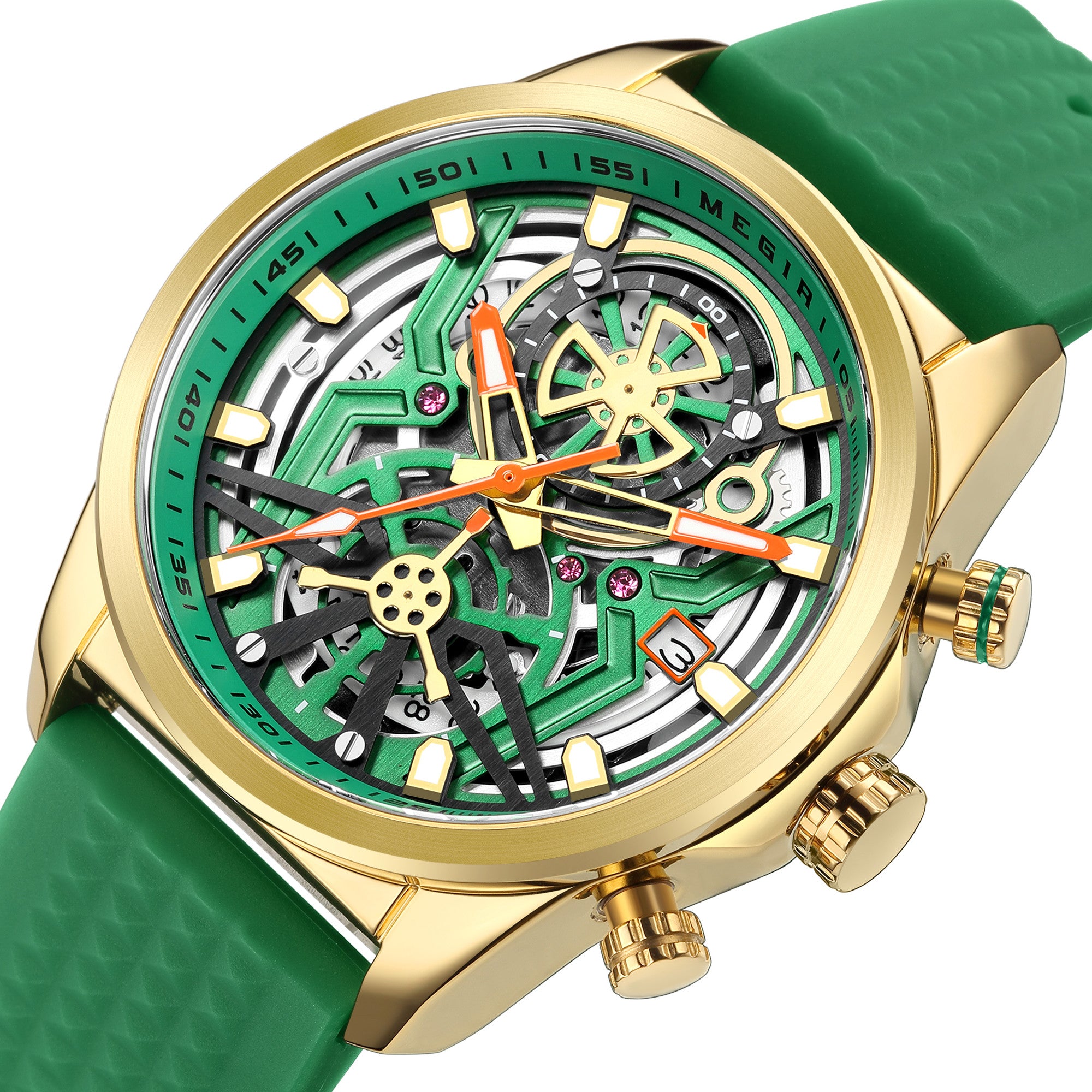Megir mens chronograph quartz sports watch with a black silicone band and luminous dial — view 11