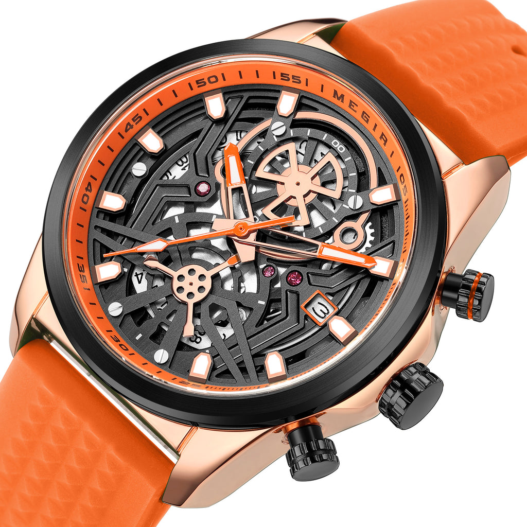 Megir mens chronograph quartz sports watch with a black silicone band and luminous dial — view 12