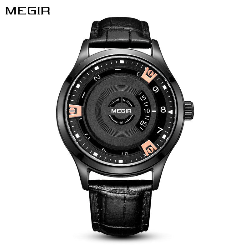 Mens quartz wristwatch with genuine leather band and military-style zinc alloy watch face