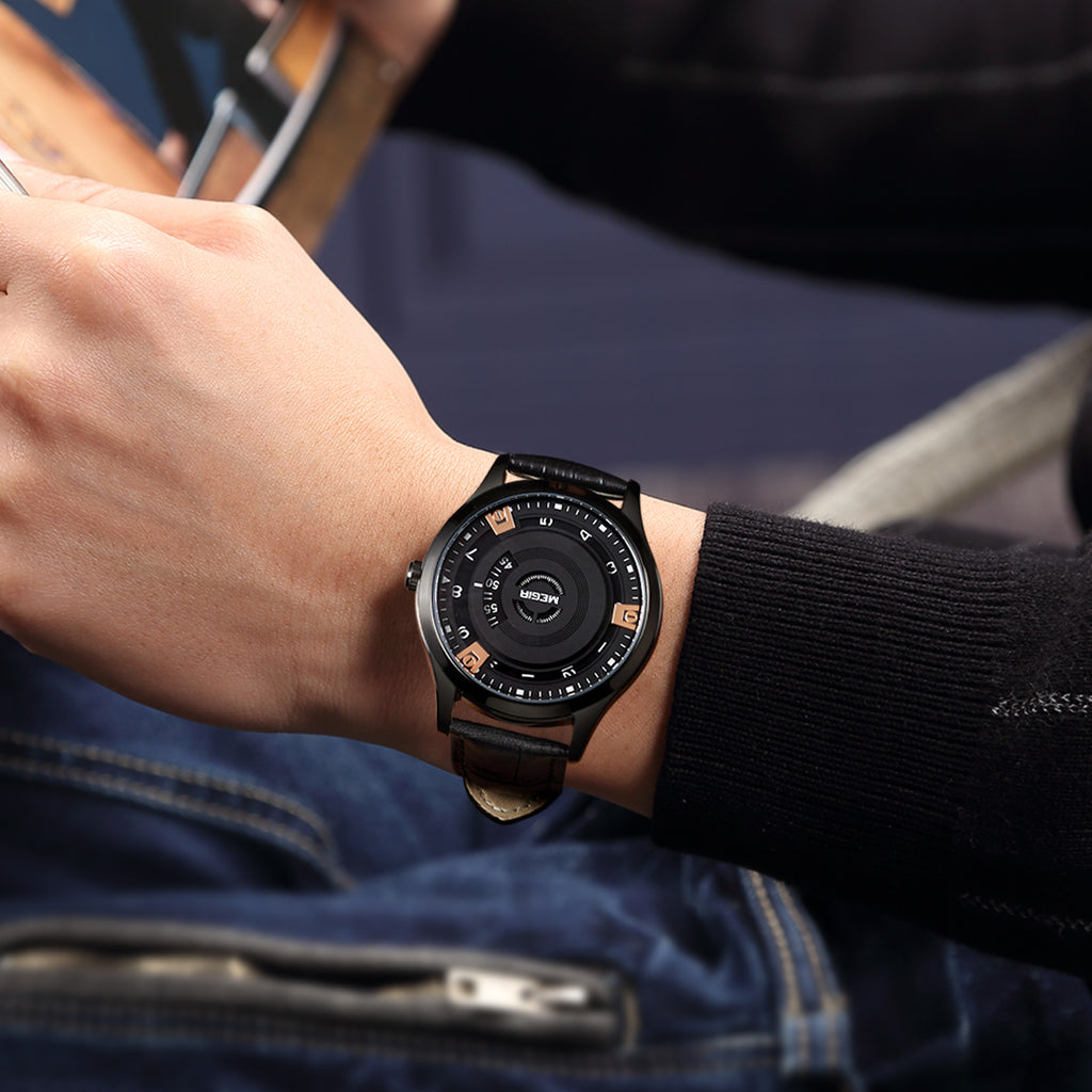 Mens quartz wristwatch with genuine leather band and military-style zinc alloy watch face — view 3