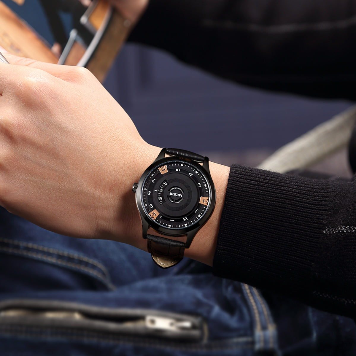 Mens quartz wristwatch with genuine leather band and military-style zinc alloy watch face — view 3