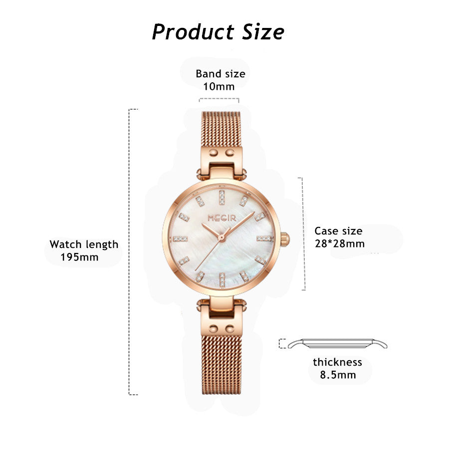 Women's quartz wristwatch featuring a round brass case and elegant metallic mesh steel band. — view 8