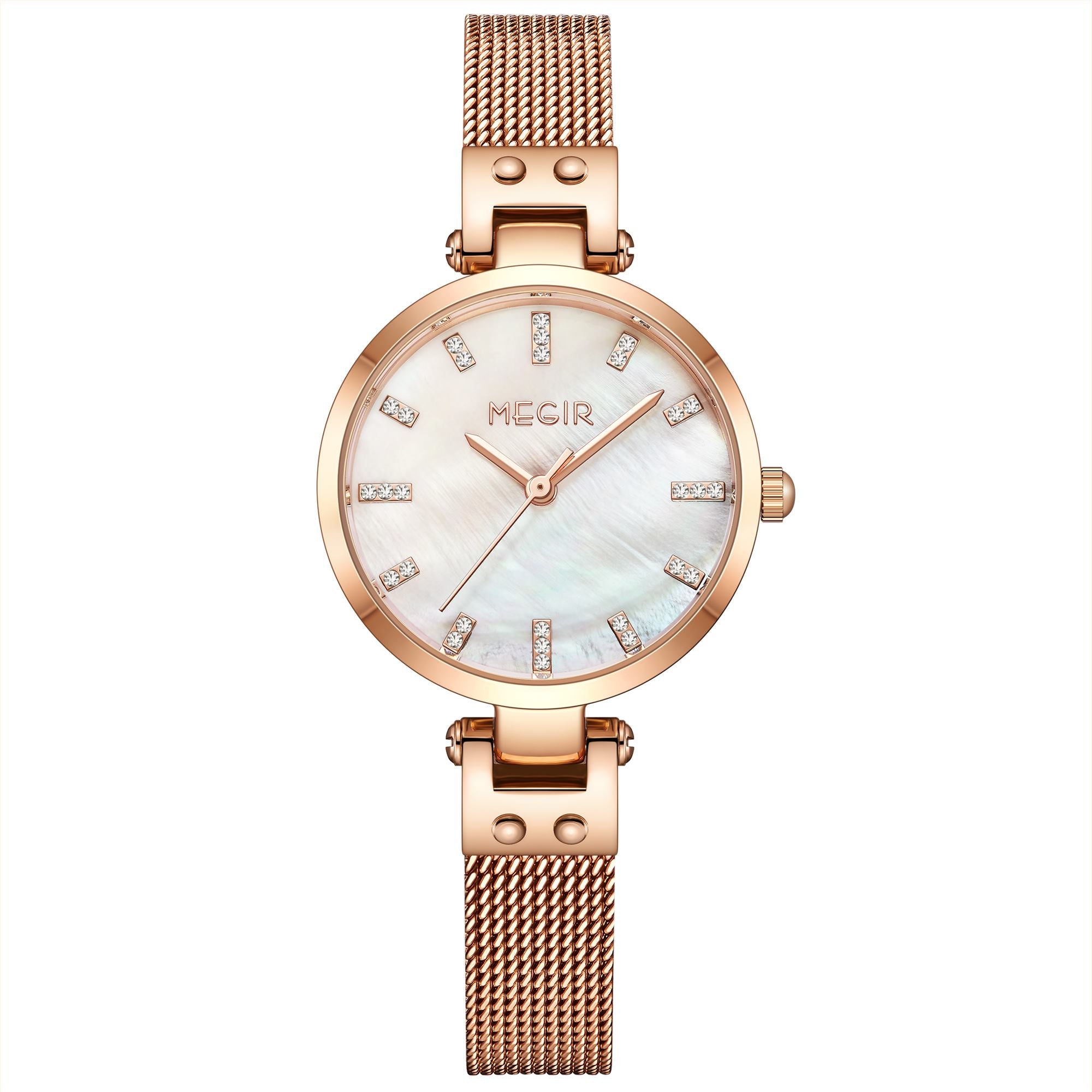 Women's quartz wristwatch featuring a round brass case and elegant metallic mesh steel band. — view 13