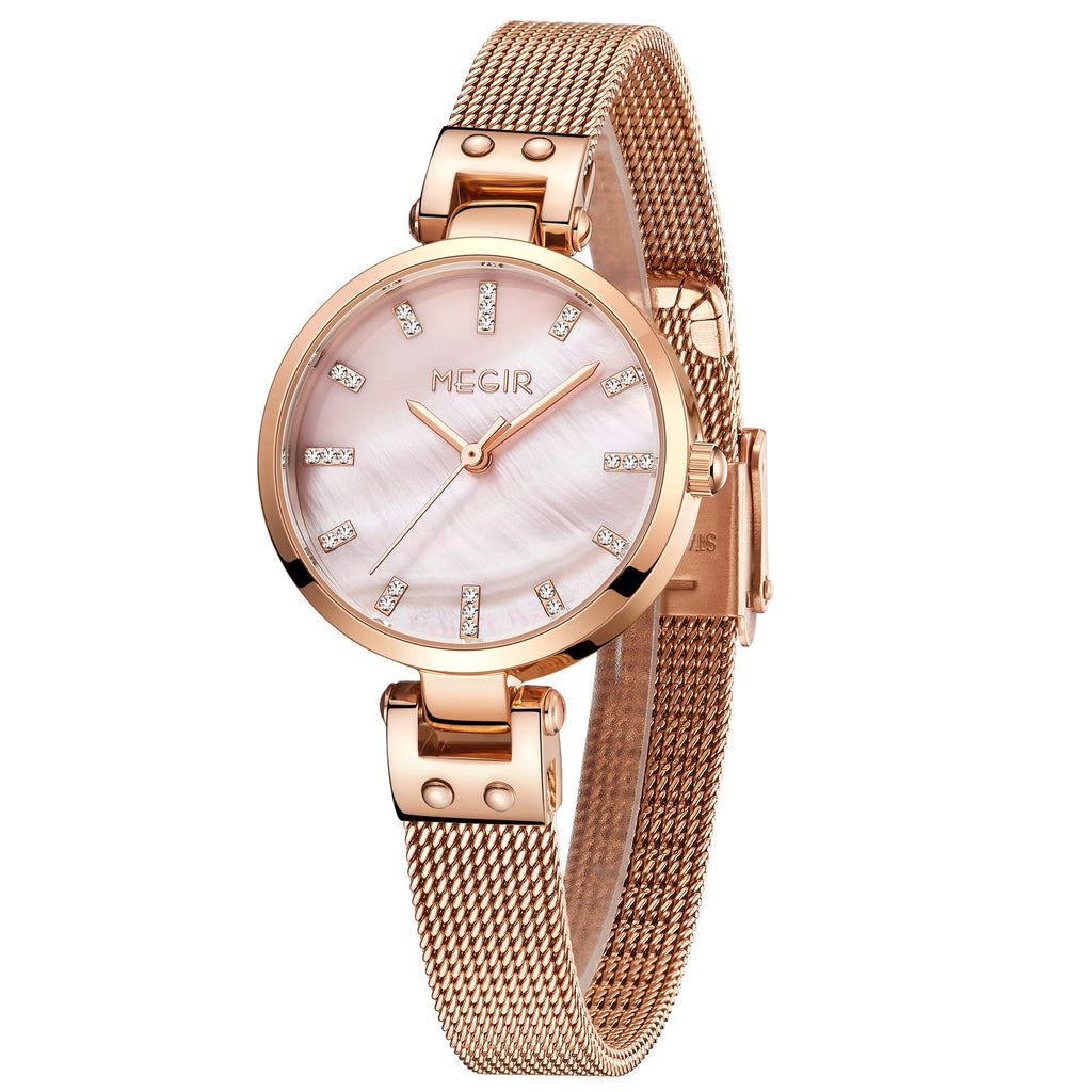 Women's quartz wristwatch featuring a round brass case and elegant metallic mesh steel band. — view 15