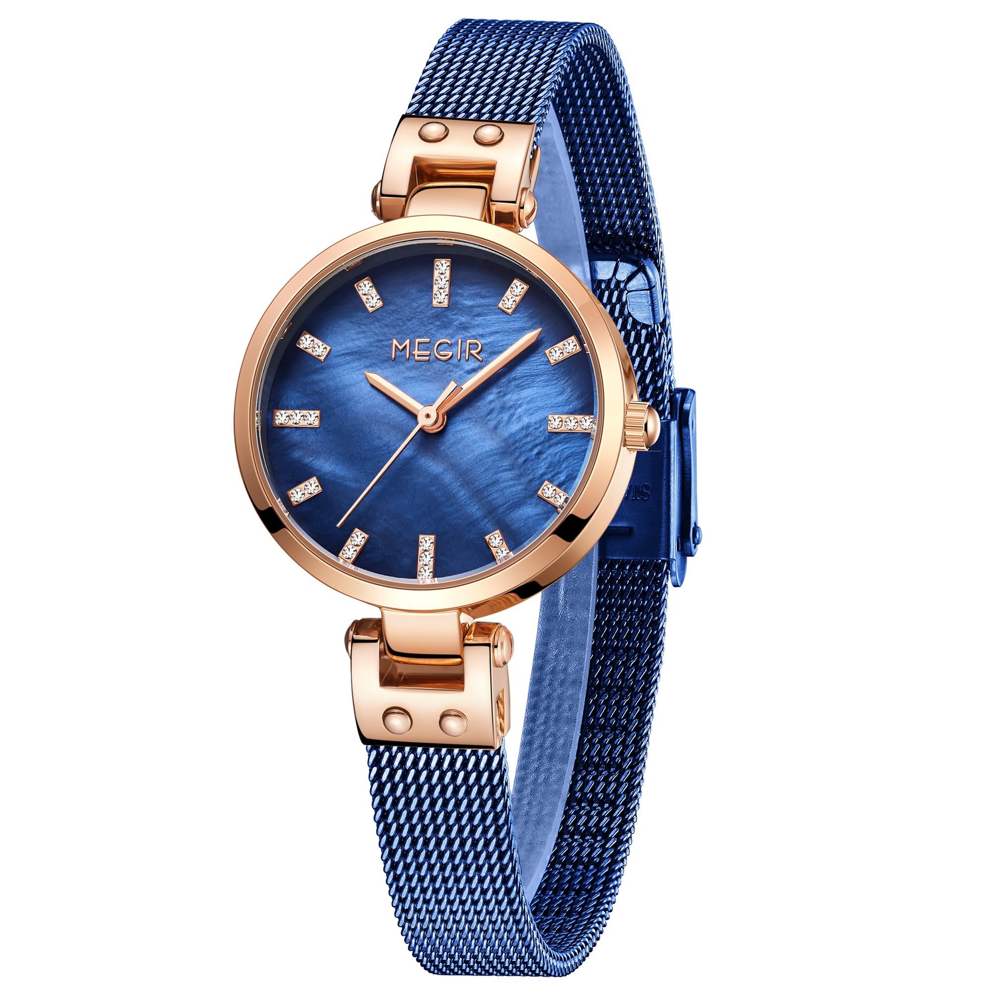 Women's quartz wristwatch featuring a round brass case and elegant metallic mesh steel band. — view 16