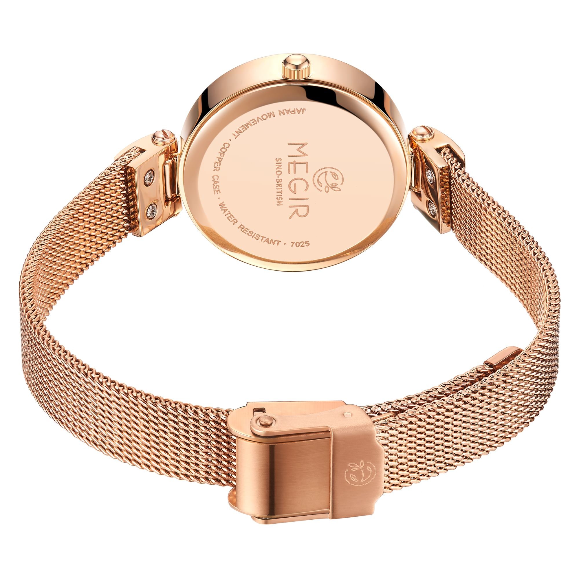 Women's quartz wristwatch featuring a round brass case and elegant metallic mesh steel band. — view 17