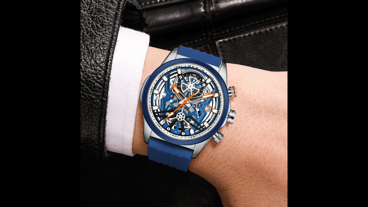 Megir mens chronograph quartz sports watch with a black silicone band and luminous dial — view 13