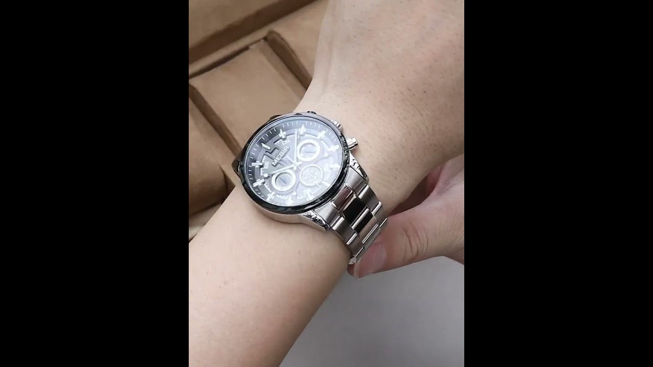 Men's Megir luxury chronograph watch with a polished stainless steel band and classic multi-dial face — view 6