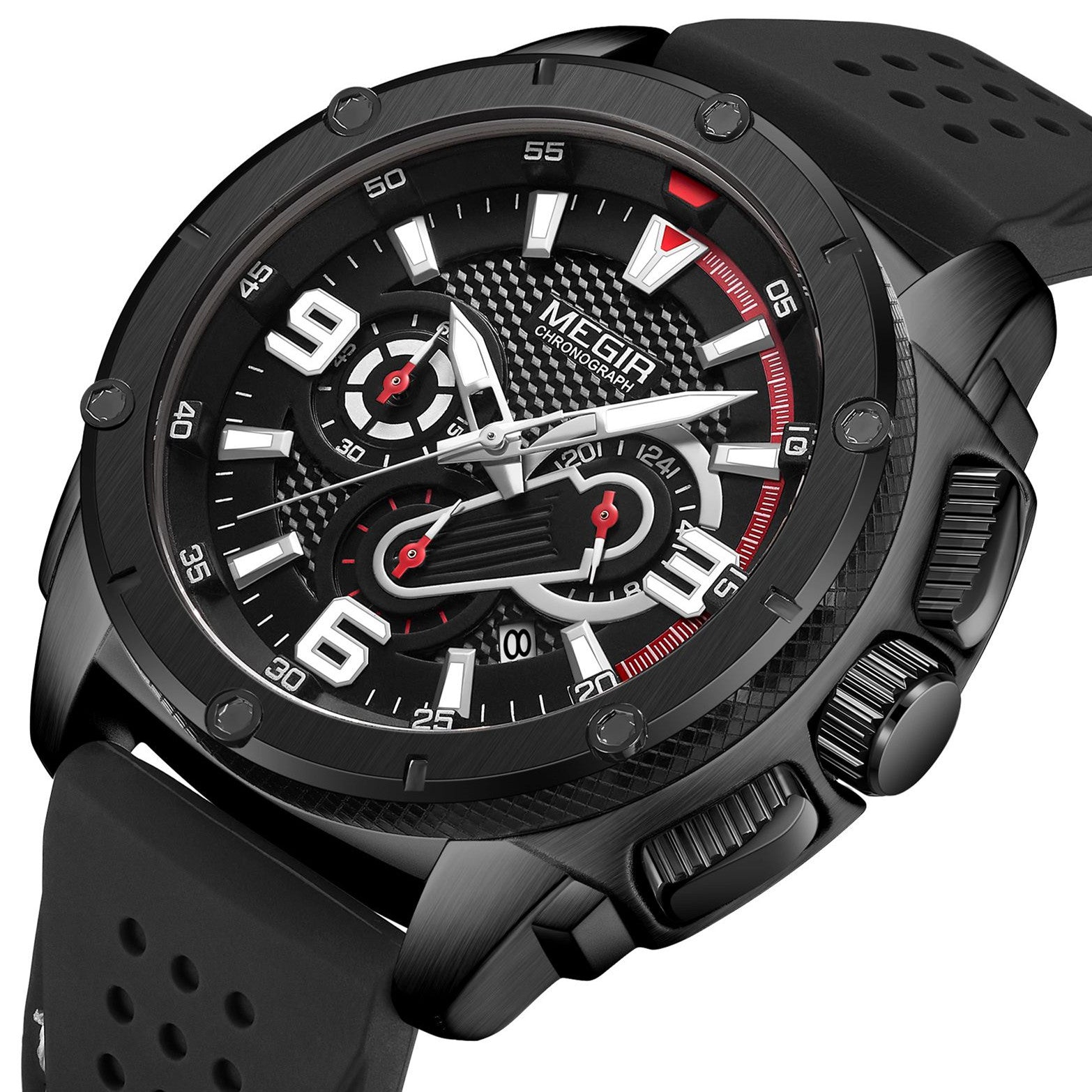 MEGIR mens military sports watch with black silicone band and zinc alloy chronograph dial — view 12