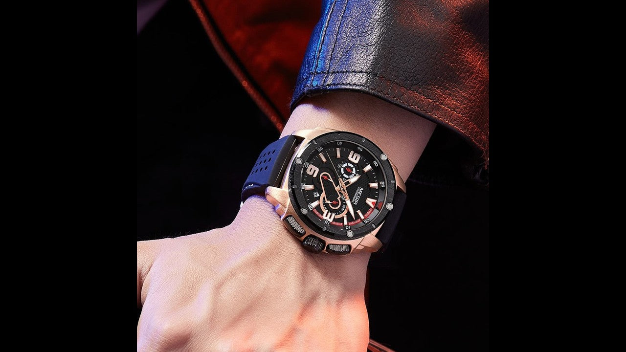 MEGIR mens military sports watch with black silicone band and zinc alloy chronograph dial — view 14