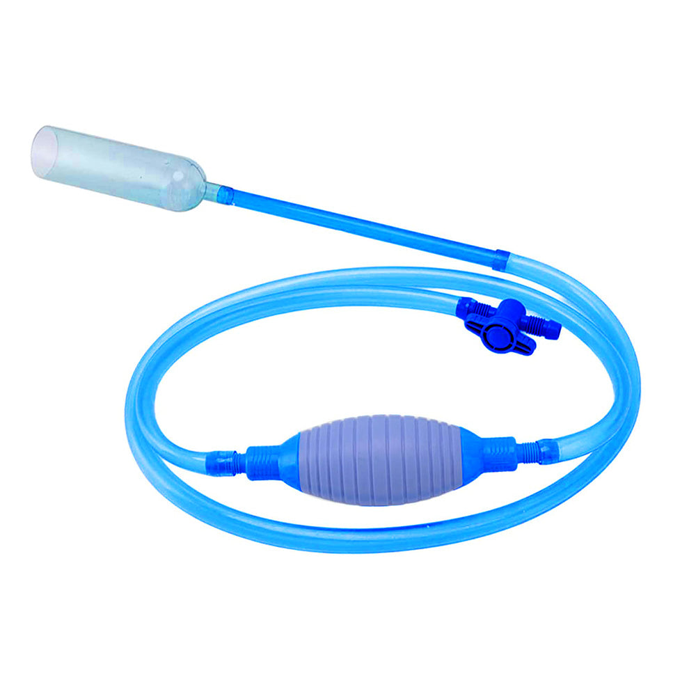 Blue plastic aquarium gravel cleaner vacuum with long siphon hose, strainer, and water flow control. — view 2
