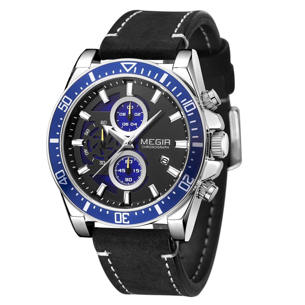 MEGIR men's military sport watch featuring a chronograph dial and a stitched genuine leather strap — view 16