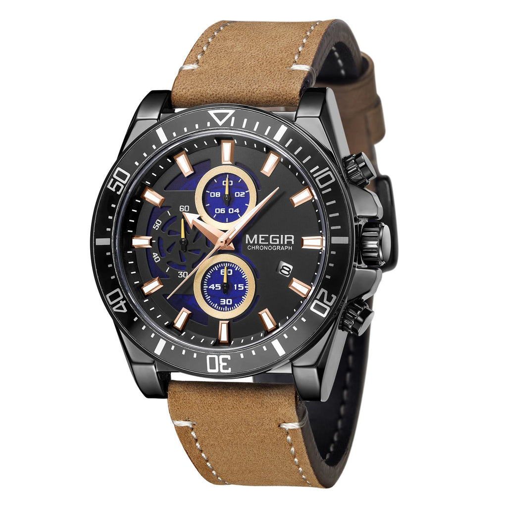 MEGIR men's military sport watch featuring a chronograph dial and a stitched genuine leather strap — view 17