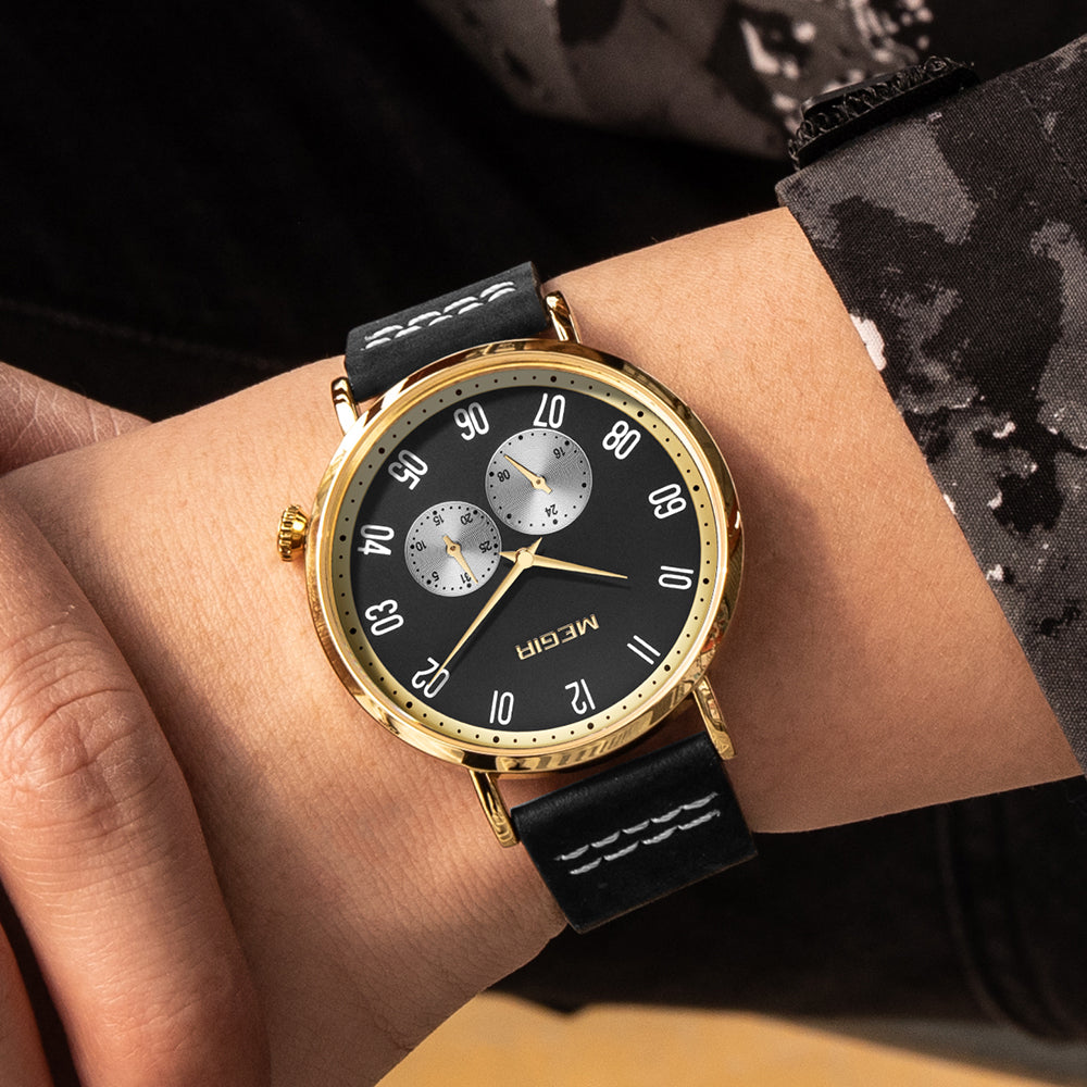 MEGIR Fashion Casual Men Watches Luxury Leather Quartz Sport Wristwatch Waterproof Luminous Clock Large Dial Relogio Masculino 1083-3