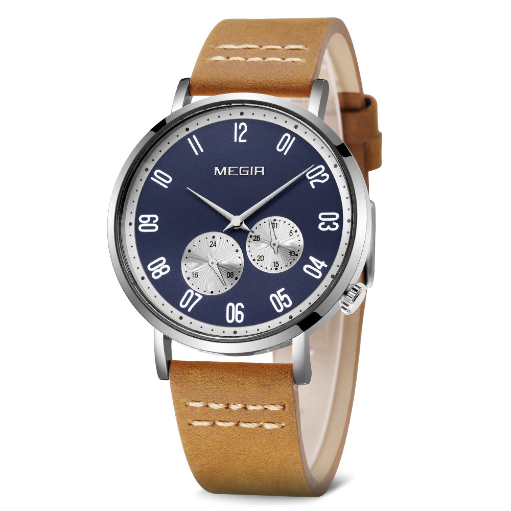 MEGIR Fashion Casual Men Watches Luxury Leather Quartz Sport Wristwatch Waterproof Luminous Clock Large Dial Relogio Masculino 1083-12
