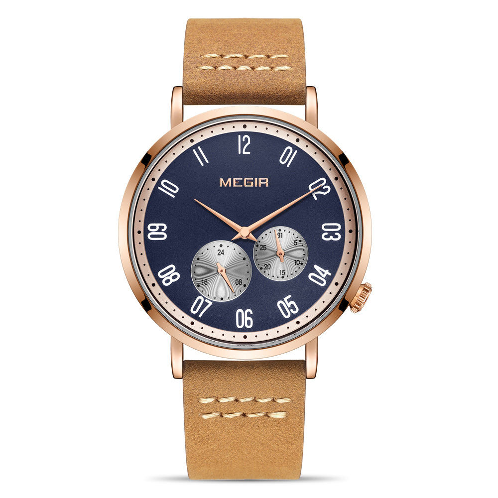 MEGIR Fashion Casual Men Watches Luxury Leather Quartz Sport Wristwatch Waterproof Luminous Clock Large Dial Relogio Masculino 1083-10