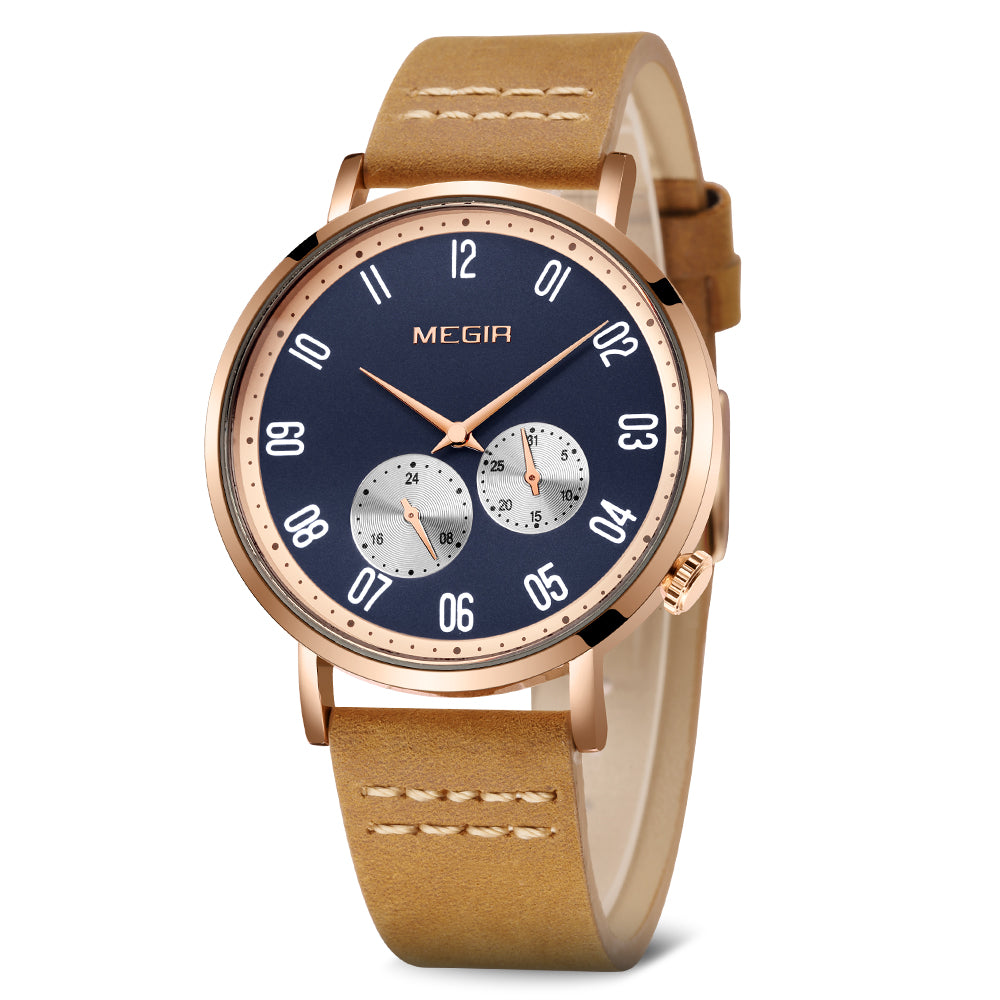MEGIR Fashion Casual Men Watches Luxury Leather Quartz Sport Wristwatch Waterproof Luminous Clock Large Dial Relogio Masculino 1083-11