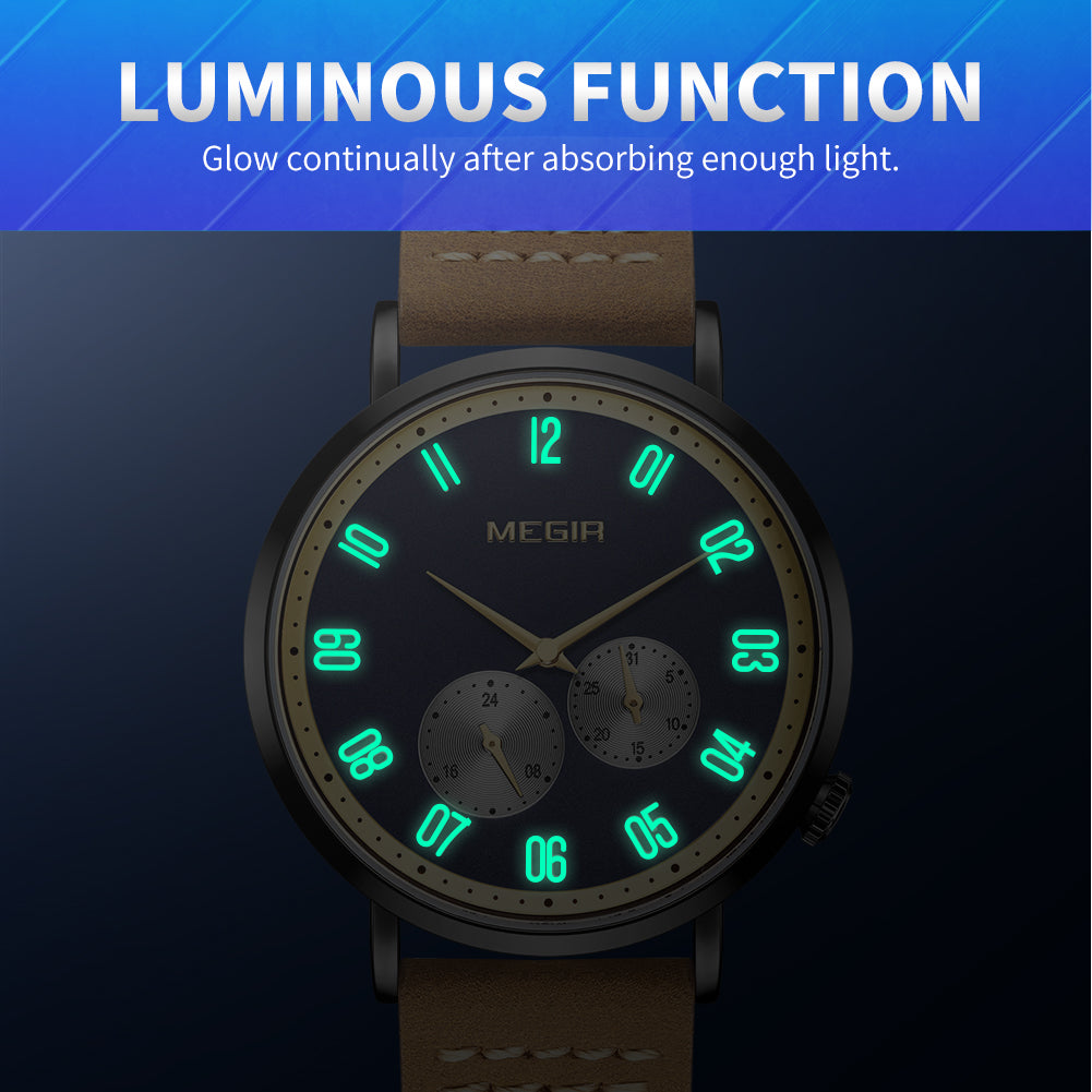 MEGIR Fashion Casual Men Watches Luxury Leather Quartz Sport Wristwatch Waterproof Luminous Clock Large Dial Relogio Masculino 1083-5