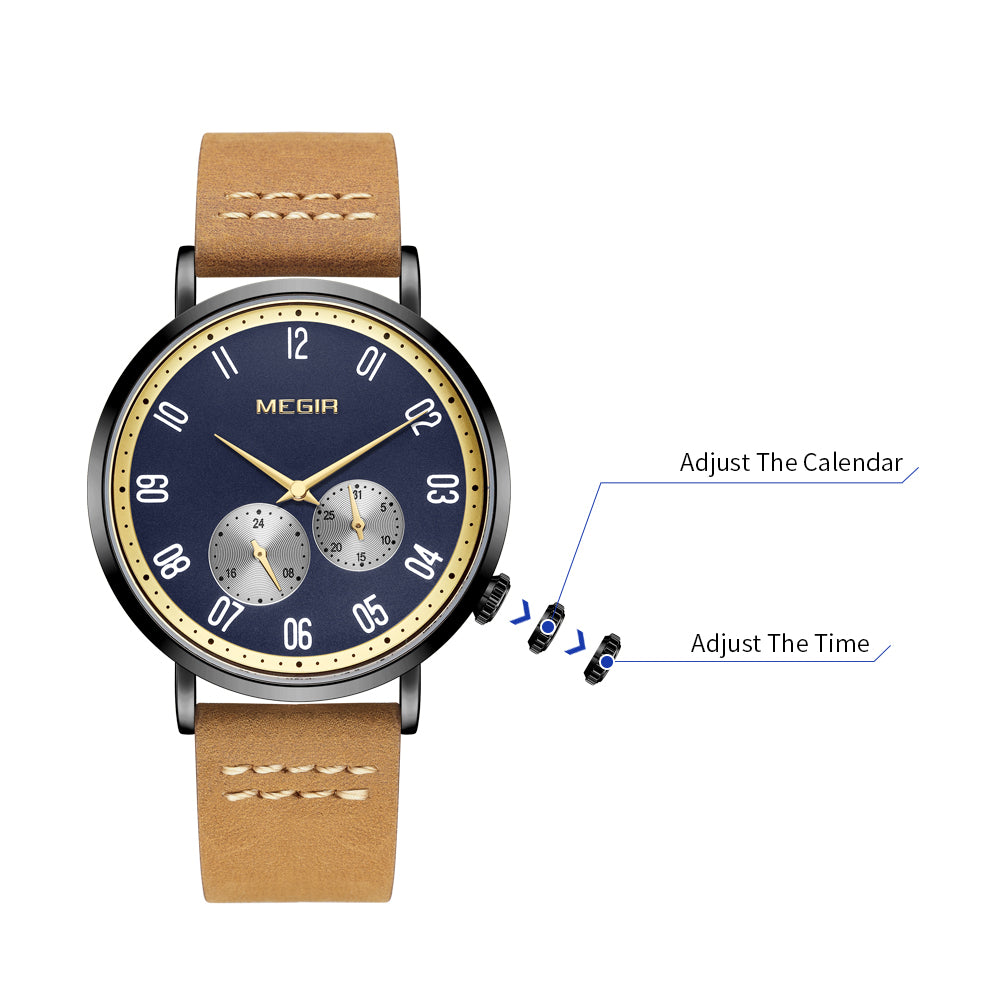 MEGIR Fashion Casual Men Watches Luxury Leather Quartz Sport Wristwatch Waterproof Luminous Clock Large Dial Relogio Masculino 1083-7