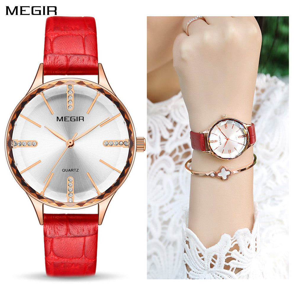 Elegant luxury women's wristwatch with a polished brass case, diamond-accented dial, and premium leather strap.