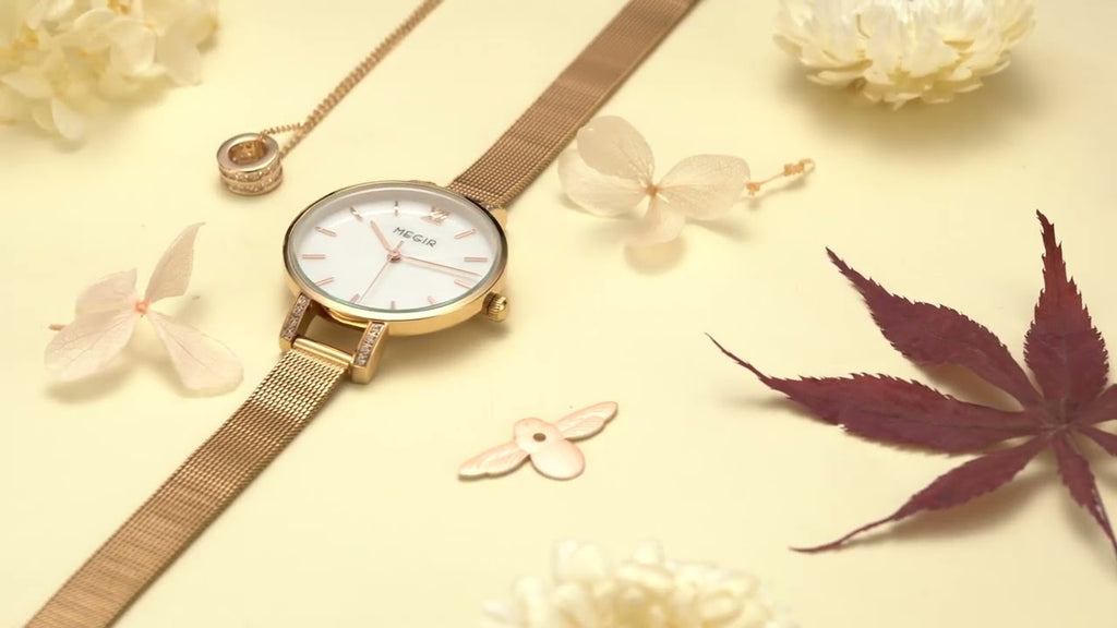 MEGIR women's luxury quartz wristwatch with a slim brass case and elegant steel mesh band — view 12