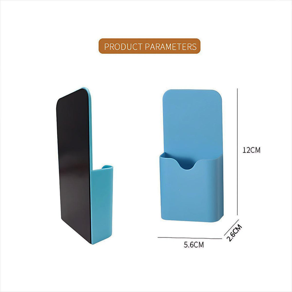 Magnetic pen holder box in durable plastic attached to a white refrigerator storing office supplies — view 3