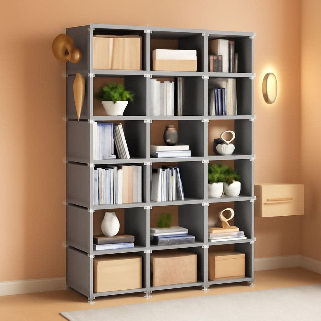 Grey 18 cube storage organizer tall bookcase shelf with modular design and side hook.