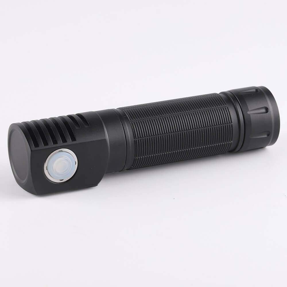 Black aluminum alloy Convoy H4 headlamp with a blue adjustable headband and metallic clip — view 4