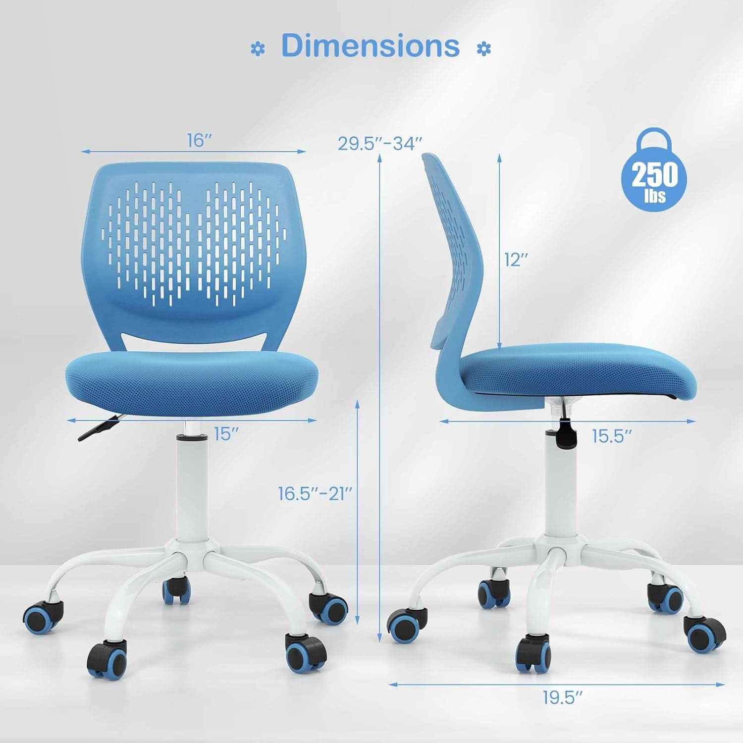 Height adjustable kids desk chair with ergonomic lumbar support armless design and five rolling caster wheels — view 3