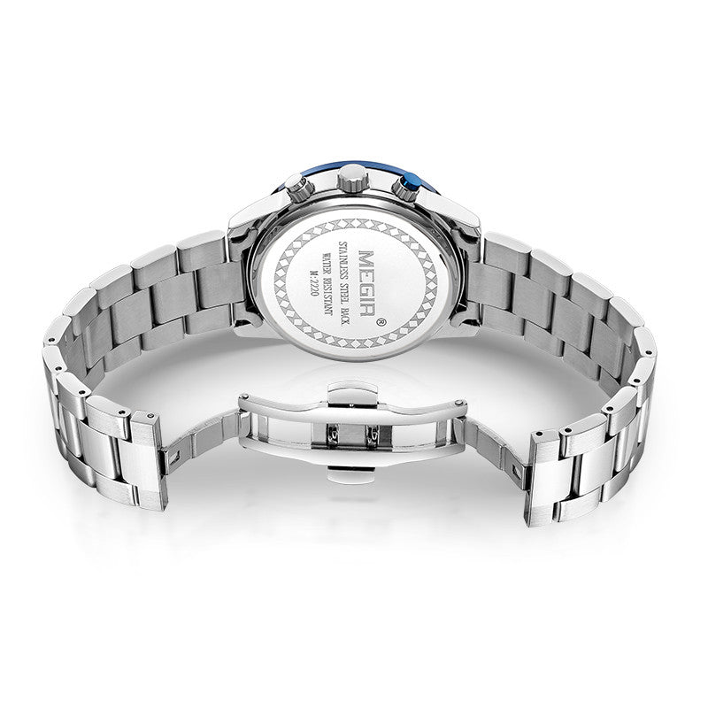 Men's Megir luxury chronograph watch with a polished stainless steel band and classic multi-dial face — view 17