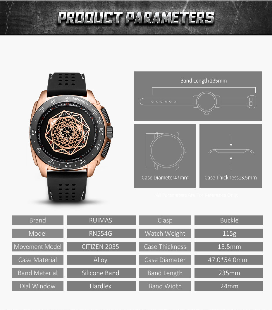 RUIMAS Men Silicone Band Quartz Casual Wrist Watches Large Dial Sport Military Watch Clock Luminous Waterproof Relogio Masculino 554-4