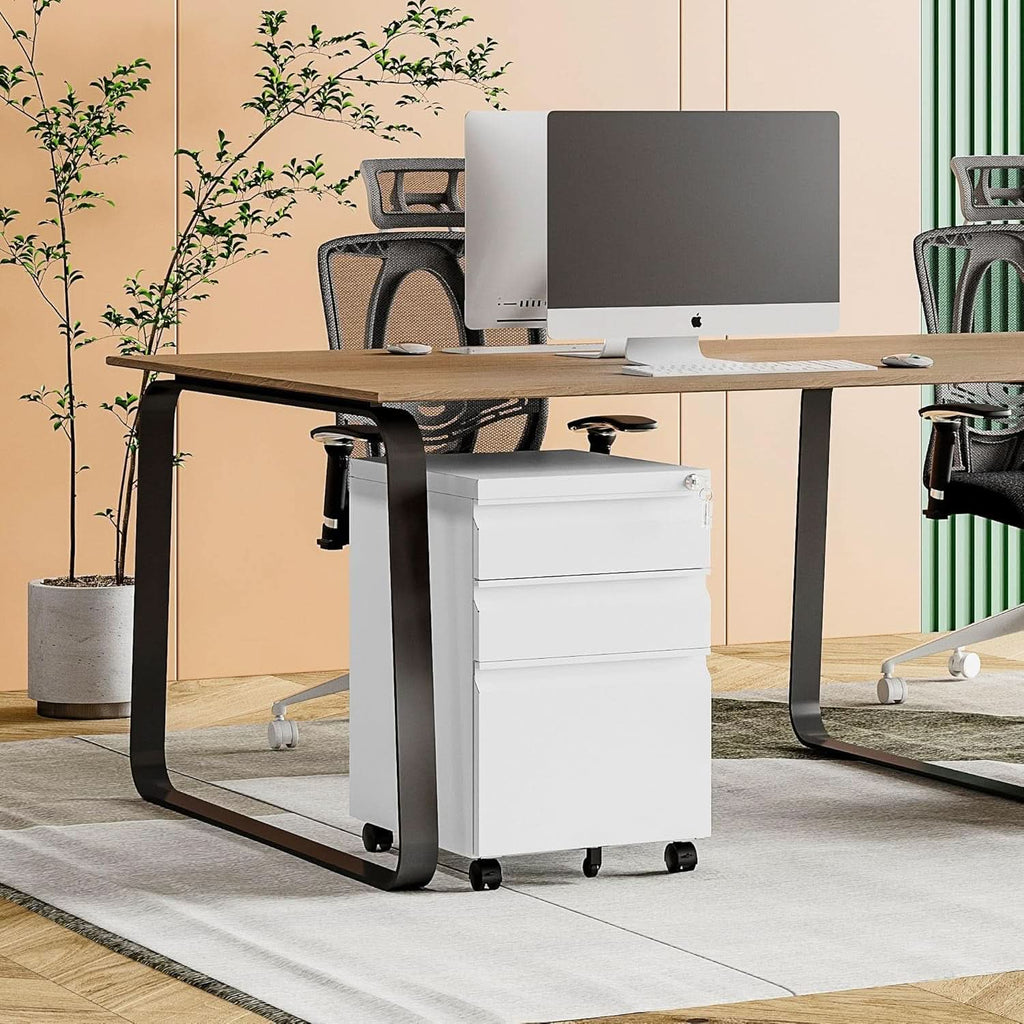 White 3-drawer mobile filing cabinet in solid steel with caster wheels — view 5