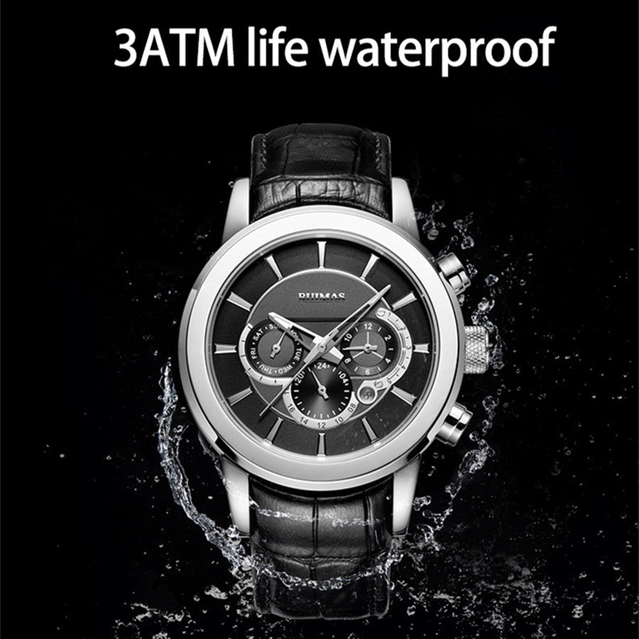 RUIMAS men's mechanical watch with stainless steel case, chronograph dial, and genuine leather strap — view 6