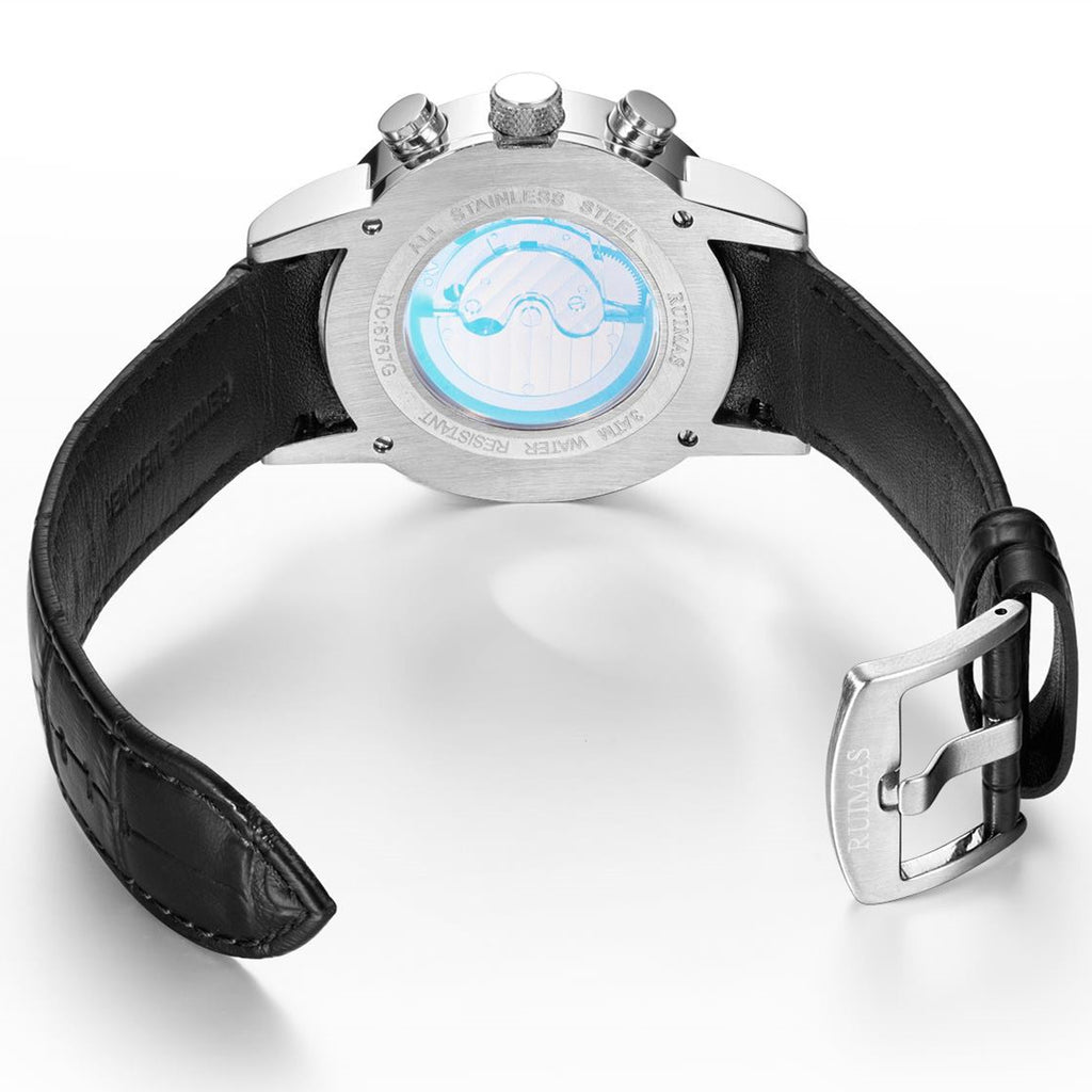 RUIMAS men's mechanical watch with stainless steel case, chronograph dial, and genuine leather strap — view 13