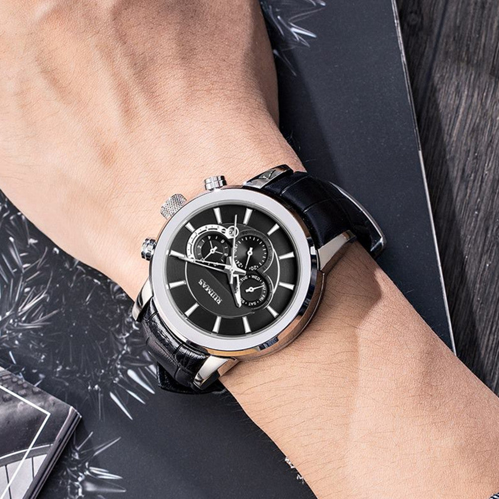 RUIMAS men's mechanical watch with stainless steel case, chronograph dial, and genuine leather strap — view 3