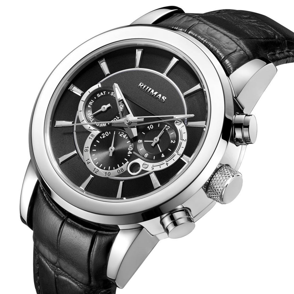 RUIMAS men's mechanical watch with stainless steel case, chronograph dial, and genuine leather strap — view 11