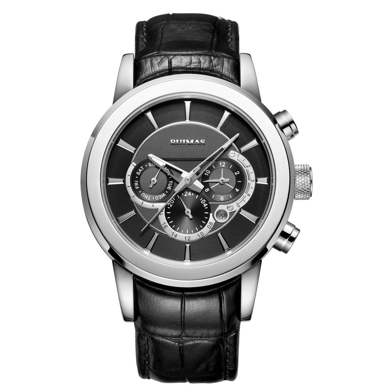 RUIMAS men's mechanical watch with stainless steel case, chronograph dial, and genuine leather strap — view 10