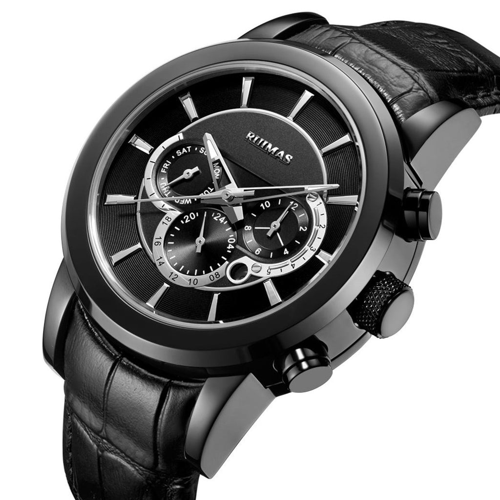 RUIMAS men's mechanical watch with stainless steel case, chronograph dial, and genuine leather strap — view 12