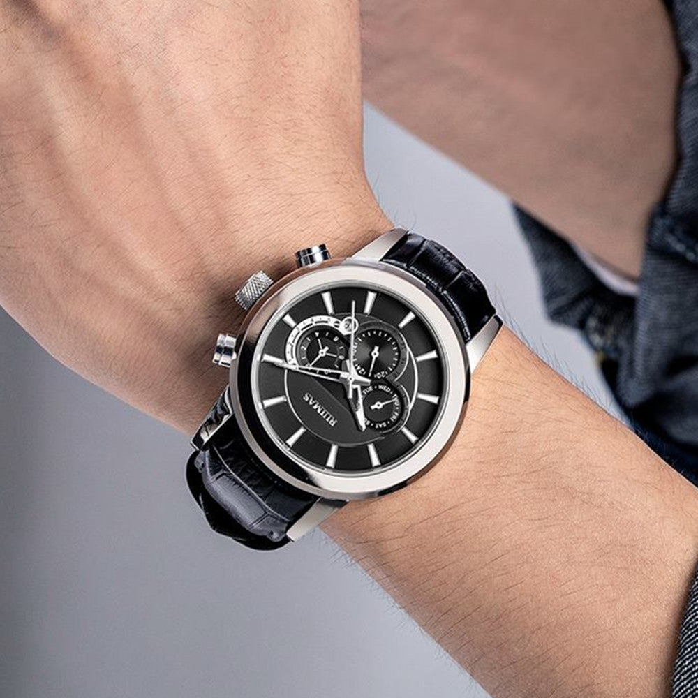 RUIMAS men's mechanical watch with stainless steel case, chronograph dial, and genuine leather strap — view 2