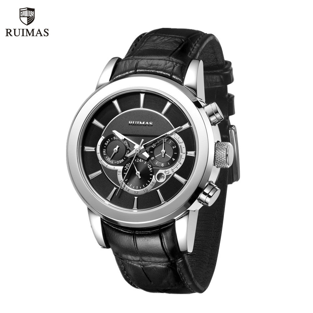 RUIMAS men's mechanical watch with stainless steel case, chronograph dial, and genuine leather strap