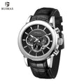 RUIMAS men's mechanical watch with stainless steel case, chronograph dial, and genuine leather strap